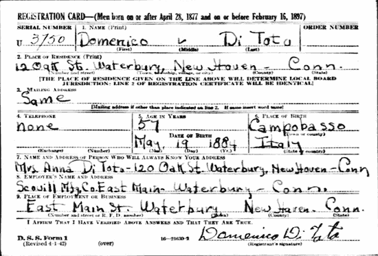 Domenico Ditoto, WWII Draft Registration Card