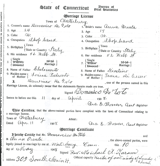 Domenico Ditoto & Anna Orsatti (1908 Marriage Certificate)
