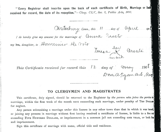 Domenico Ditoto & Anna Orsatti (1908 Marriage Certificate)
