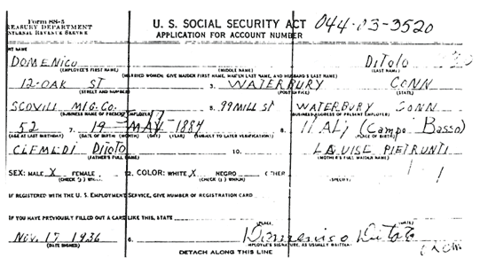 Domenico Ditoto, Social Security Application