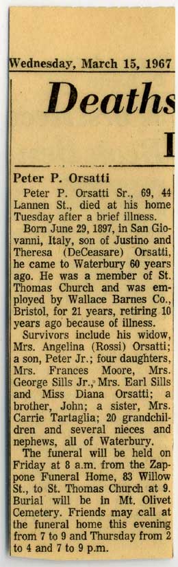 Obituary - Peter P. Orsatti, Sr. 1967