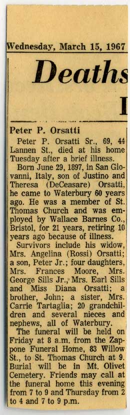 Obituary - Peter P. Orsatti, Sr. 1967